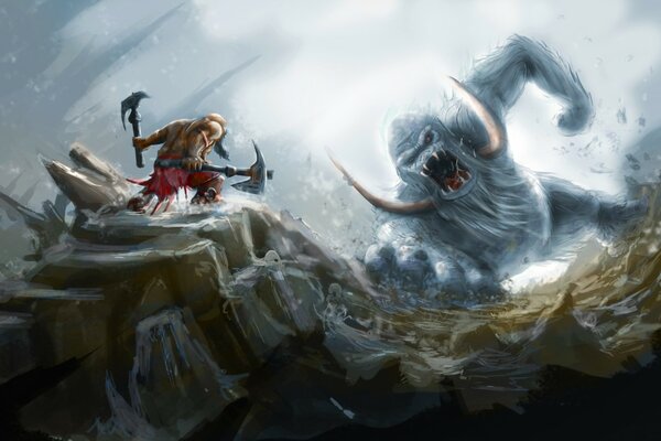 The battle of a warrior and a mystical creature