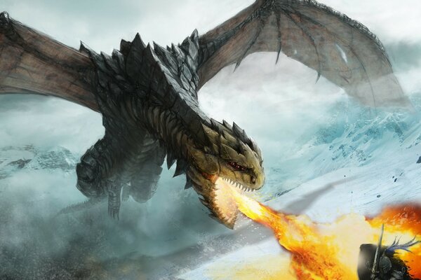 A huge dragon with a fiery attack in the northern landscape