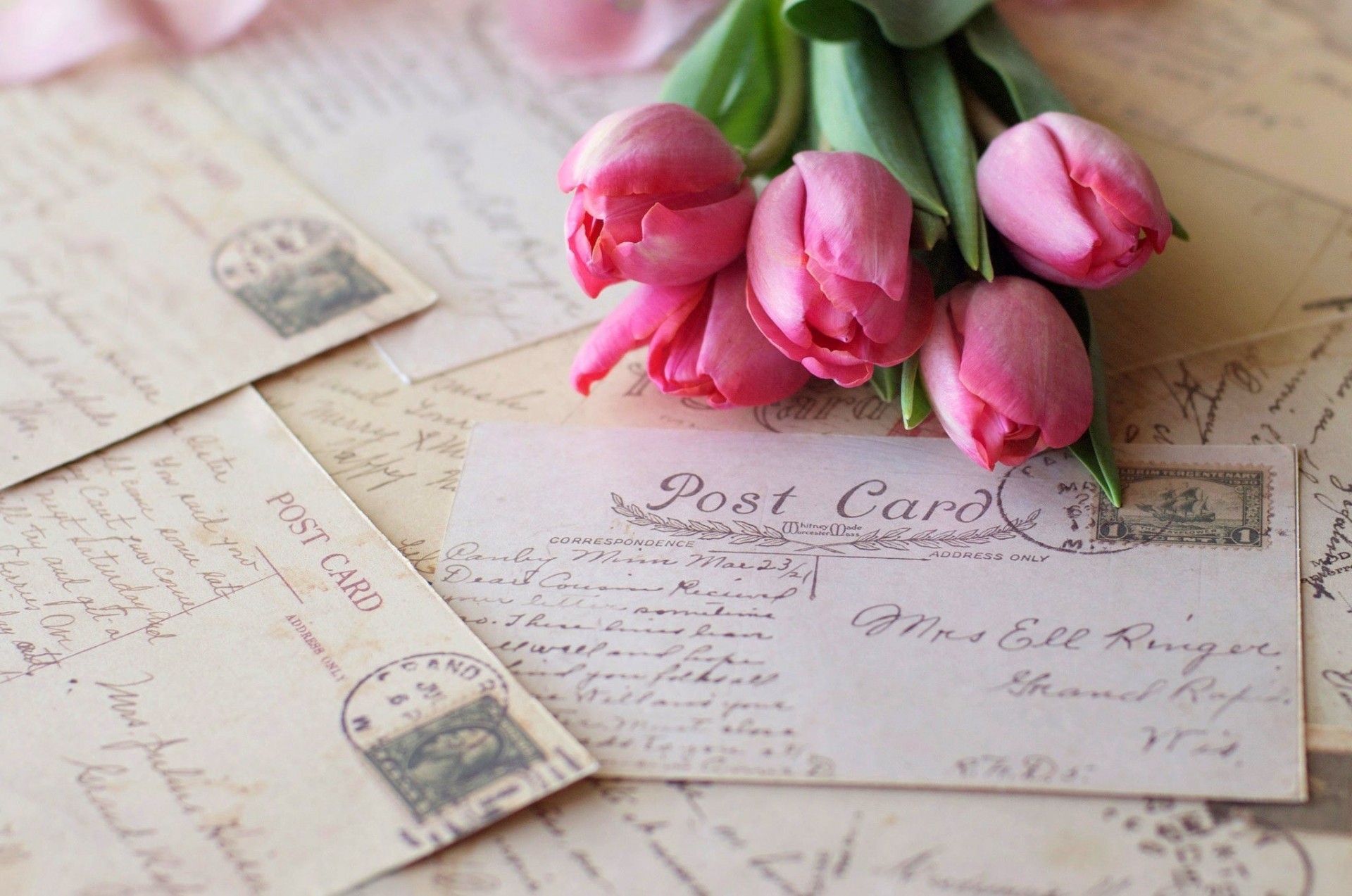 briefmarken postkarten blumen rosa vintage tulpen briefe