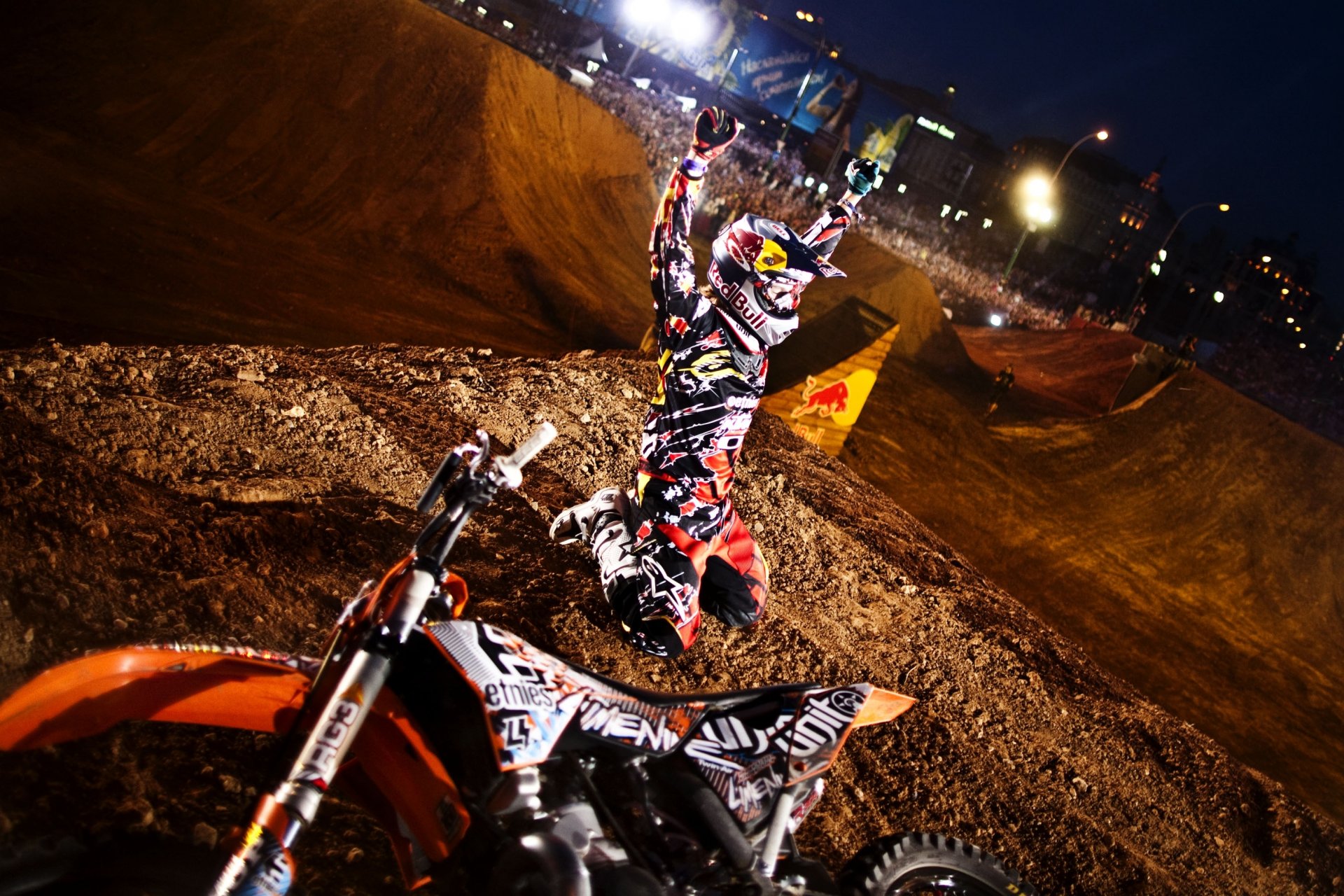 x-fighters rider levi sherwood ktm red bull motocross red bull helmet freestyle motorcycle arena light spotlight