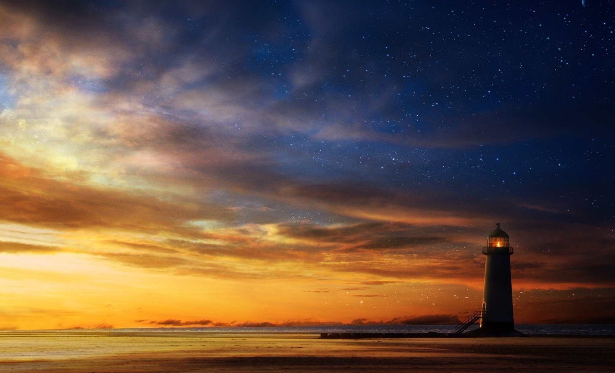 faro stelle tramonto mare cielo arte