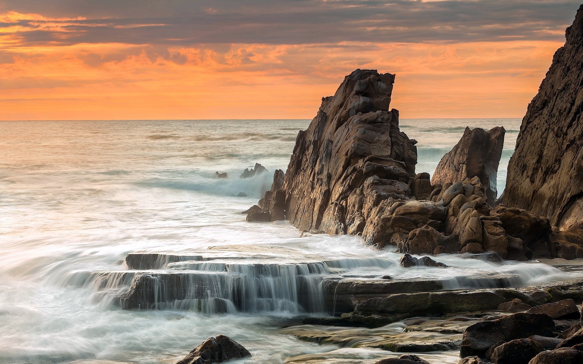 mer paysage coucher de soleil rochers