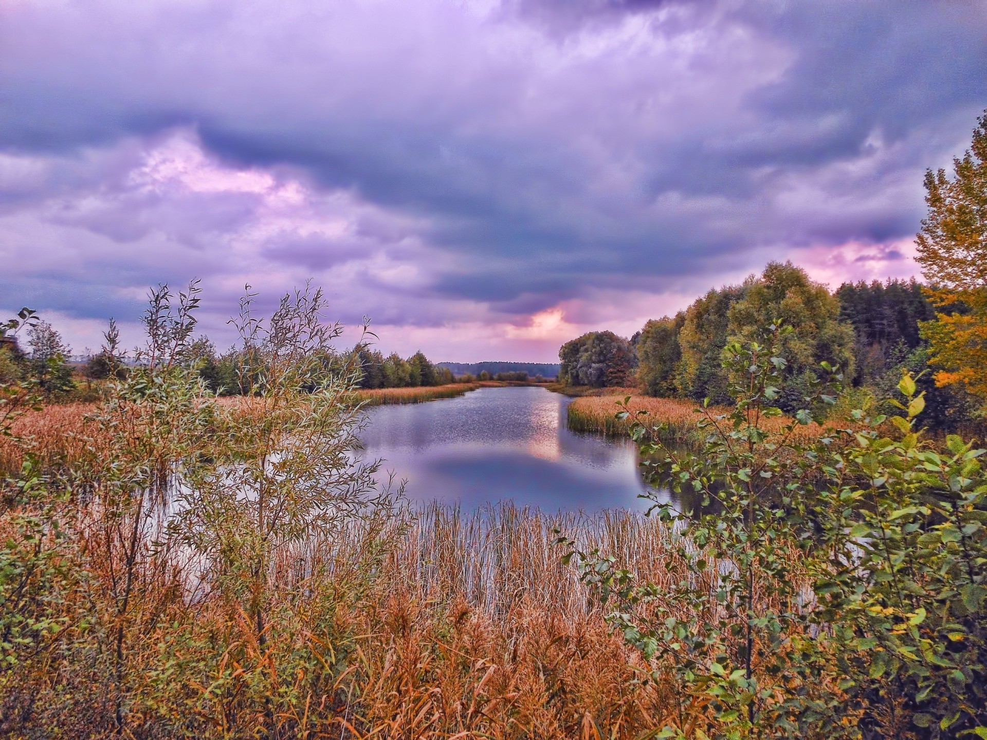 landscape sunset river nature tree clouds autumn