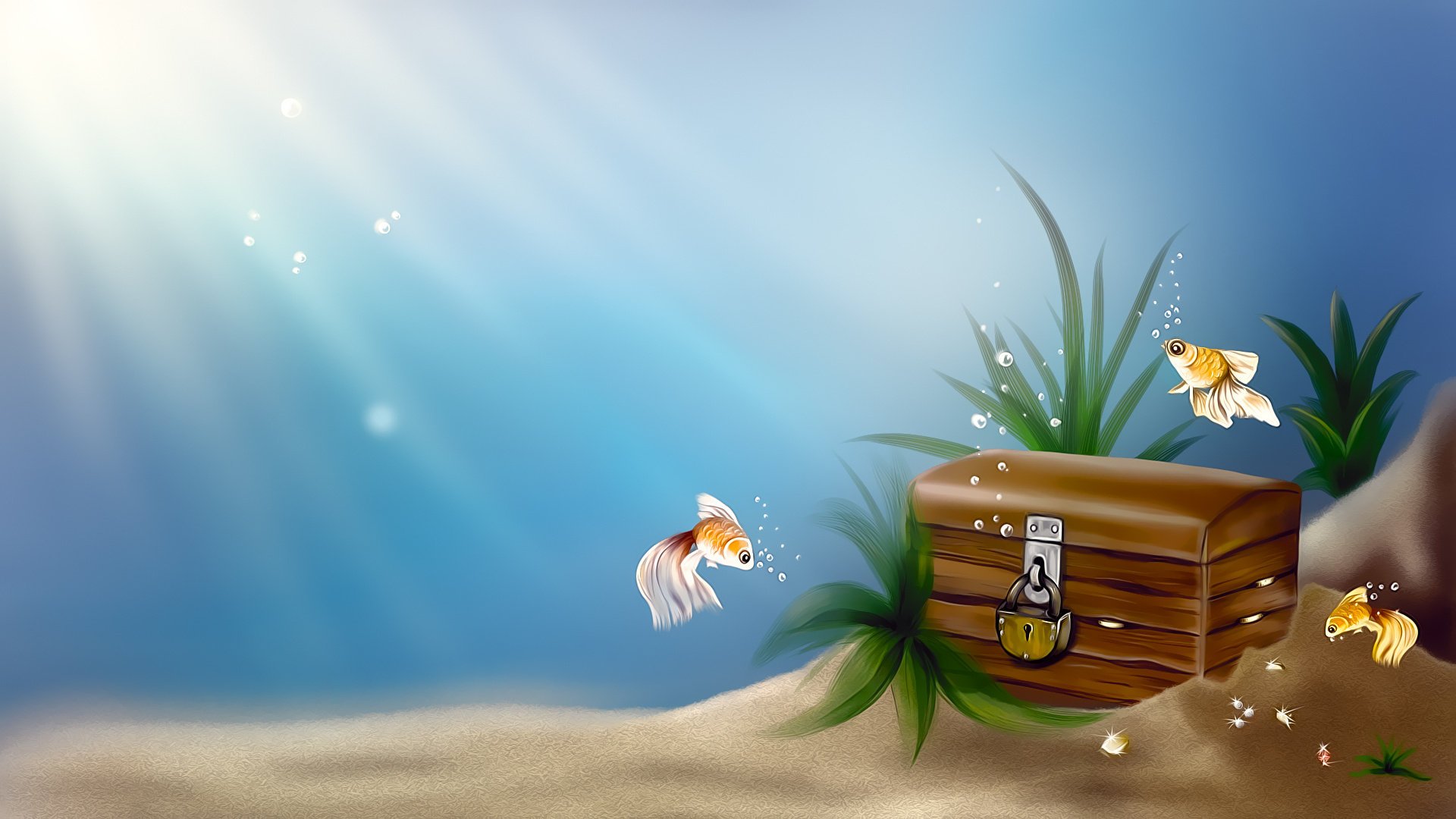 fish gold treasure fish chest art underwater sea