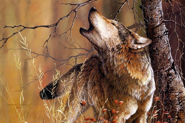 A wolf howls near a tree