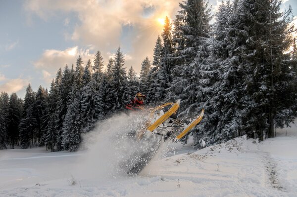 Motoslitta in salto sullo sfondo della foresta invernale