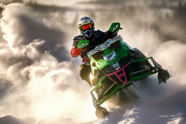 Spectacular view of the sports field in winter on a snowmobile