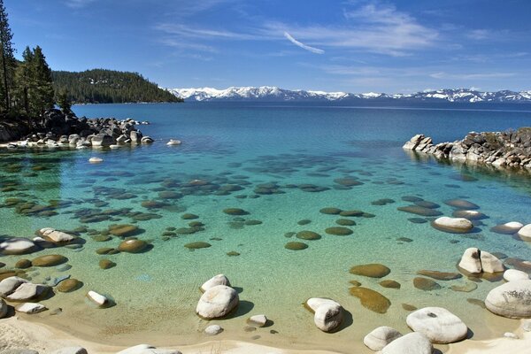 Transparent lake on the background of snow-capped mountains