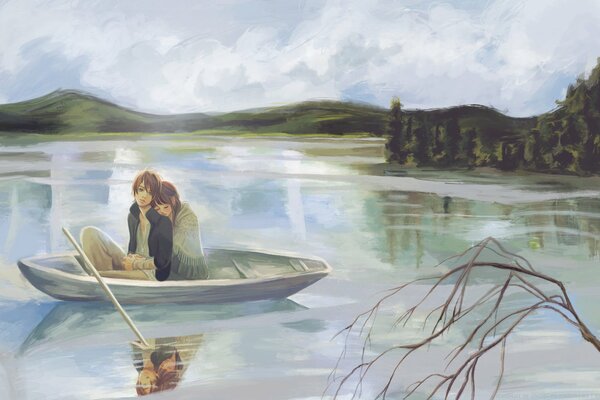 A sad couple on a boat floating on a quiet river