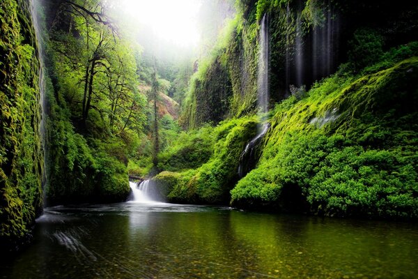 Waterfall flowing into the river from a great height