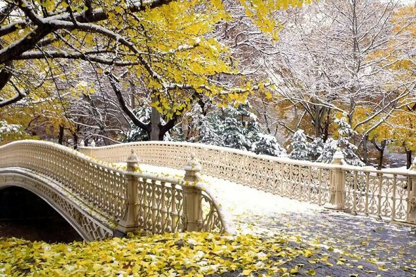 Finales de otoño en la ciudad, la primera nieve en el puente