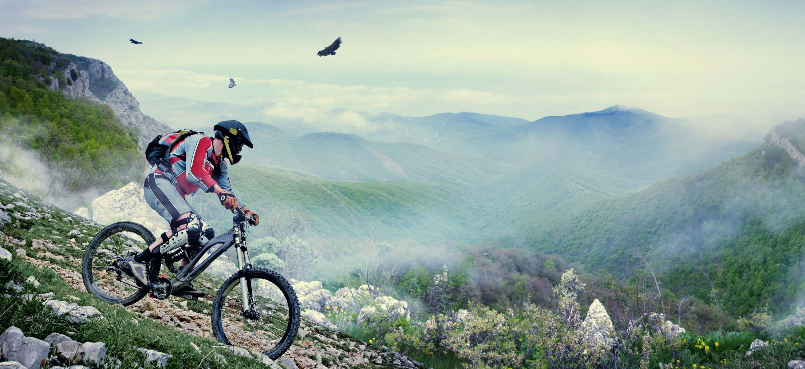 fahrrad mann helm vögel berge