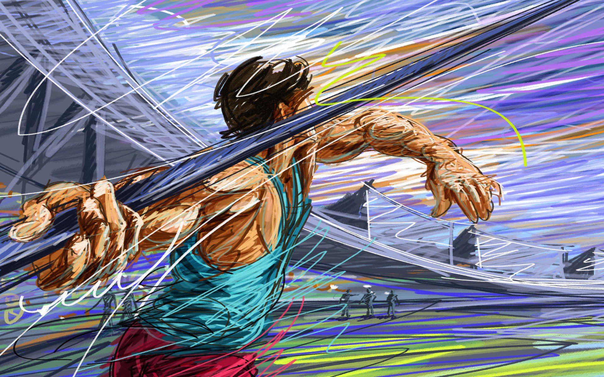 athlete athlete javelin throwing stadium stroke drawing vector