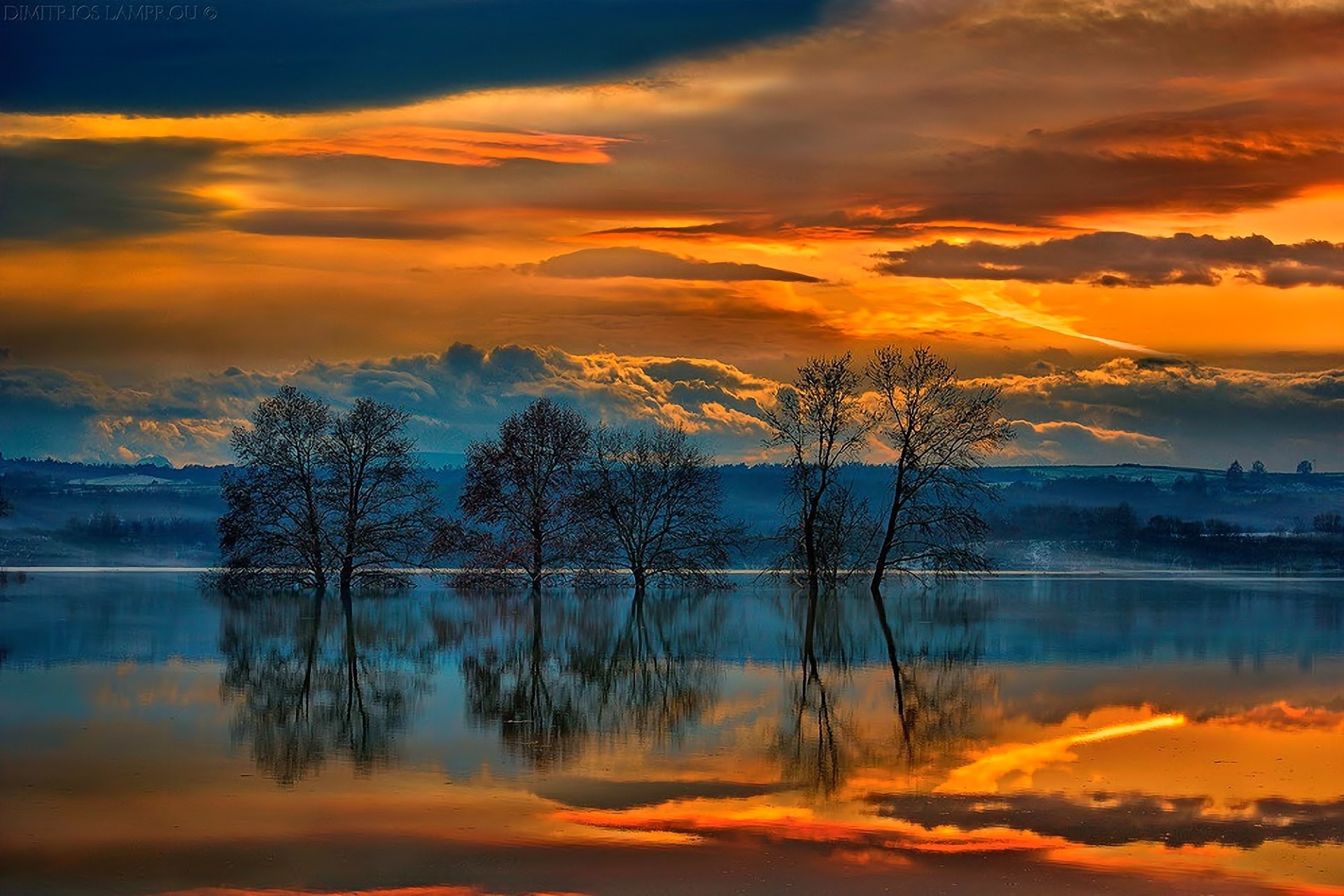 landscape sunset clouds reflection lake tree sky greece