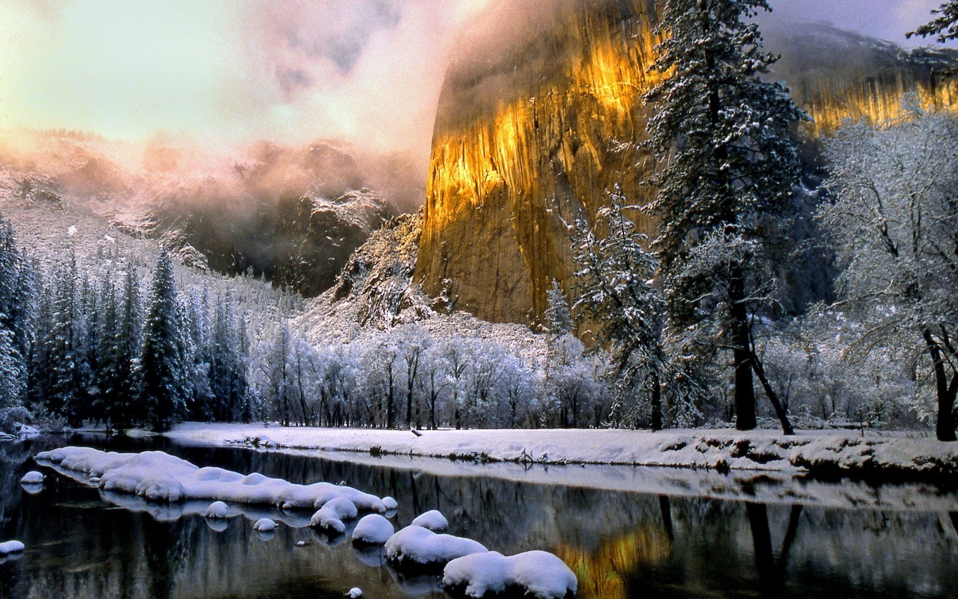 fiume paesaggio palme montagna inverno paesaggio gelo