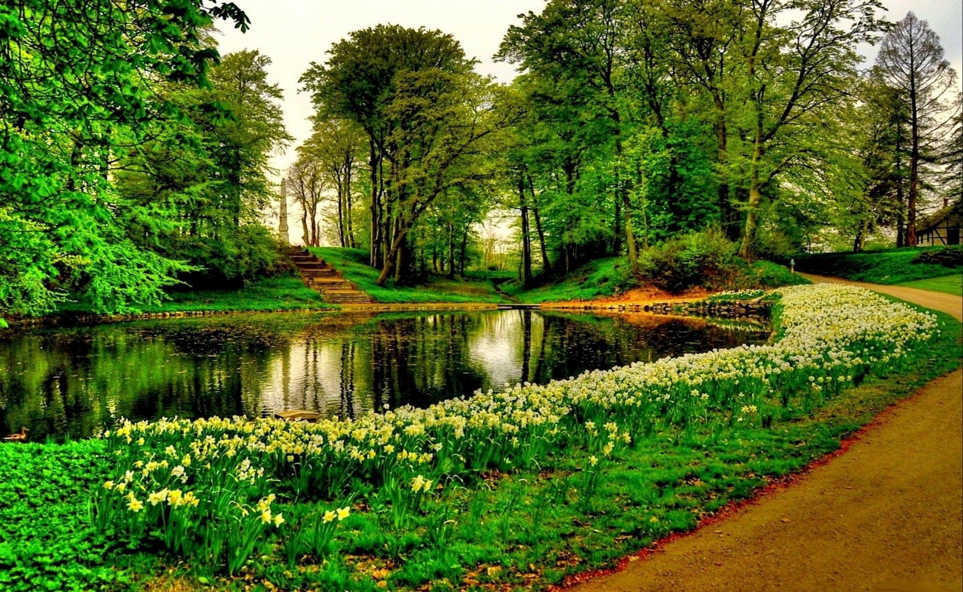 teich bäume gras blumen park gasse treppe