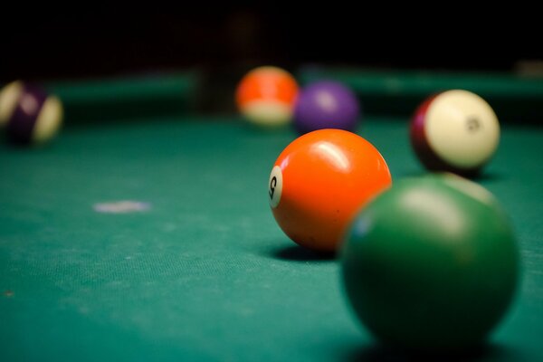 Billiard balls are scattered on the table