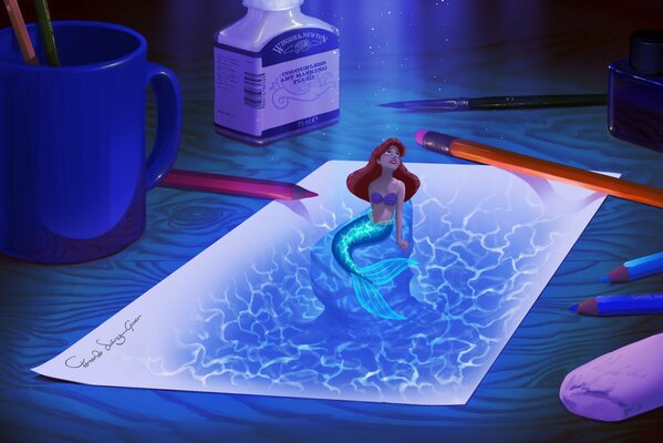 The Little Mermaid Artel from the cartoon, on a piece of paper