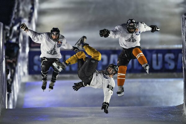 Hockey players staged sports races and jumps