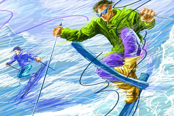 A man is skiing down a mountain drawing