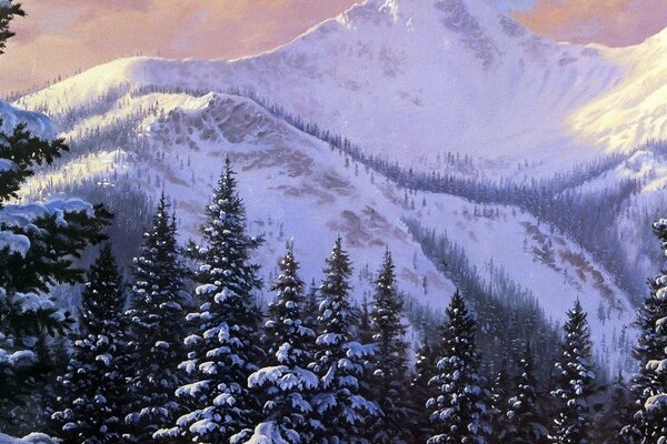 Obraz ogromne góry w zimie i drzewa w śniegu