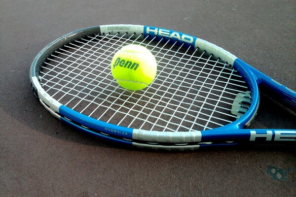 Tennis racket on the asphalt with a ball