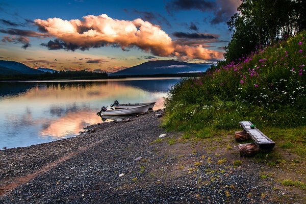 Nature landscape with river and boat