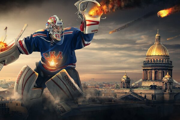 El jugador de hockey ska con guantes reebok golpea los Puck glowy