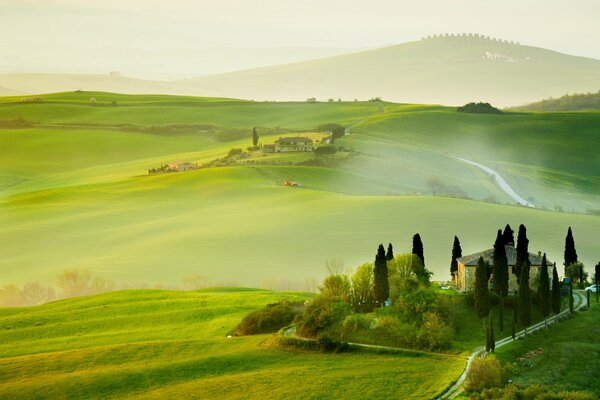 Landschaft Italien im Sommer grüne Felder und Häuser