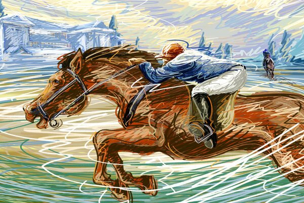 Disegno di un cavaliere e un cavallo a velocità sull Ippodromo