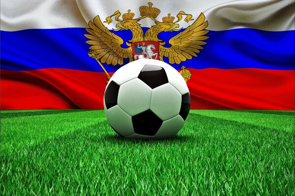 Balón de fútbol en el fondo de la bandera de Rusia