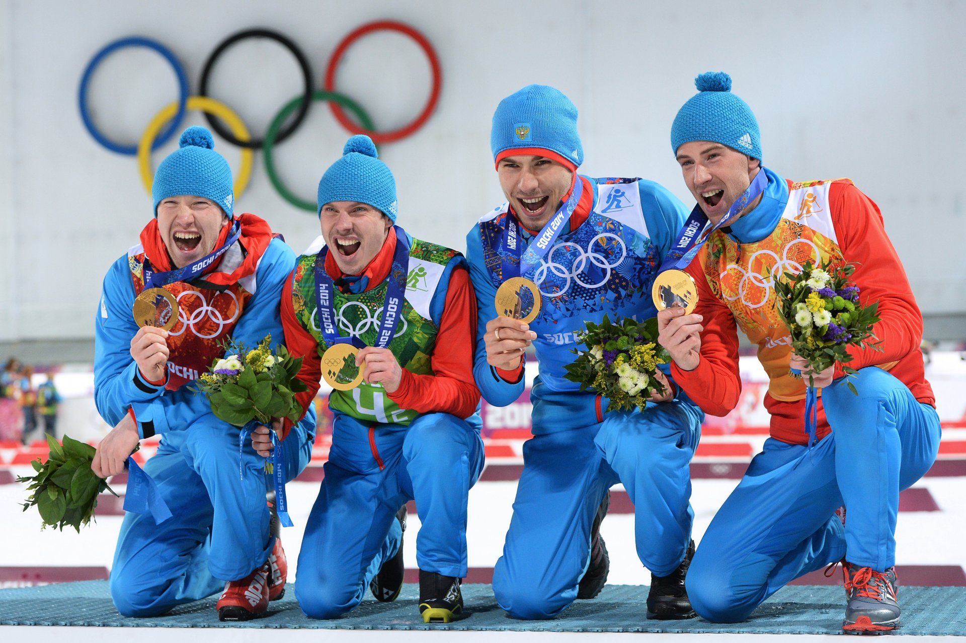 anton shipulin alexey volkov dmitry malyshko evgeny ustyugov biathlon relay sochi 2014 xxii olympic winter games russia champion