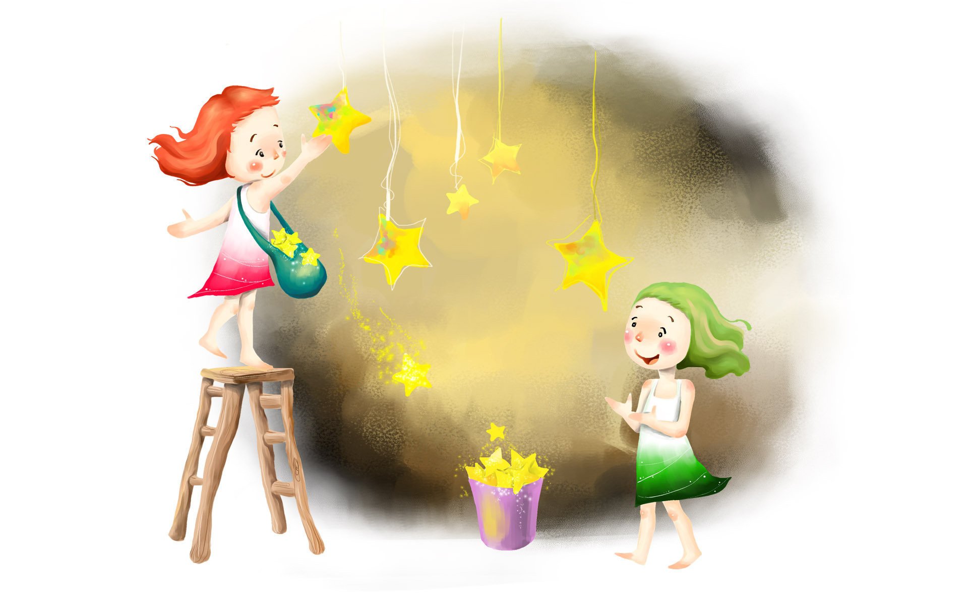 dessin joie filles sac positif lumière étoiles