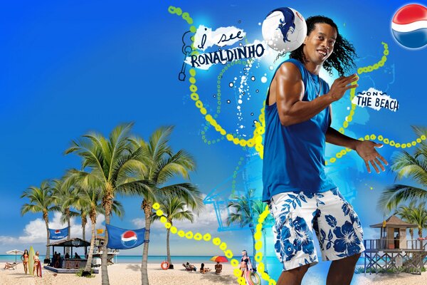 Footballer Ronaldinho on the beach in summer