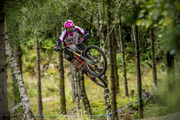 Saut de cycliste sur les courses dans la forêt sur la route