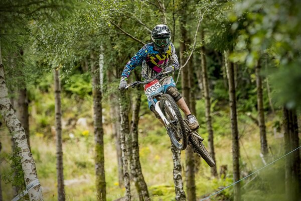 Radfahrer im Sprung beim Rennen im Wald