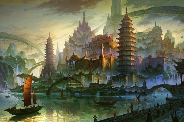 Eine Stadt in Asien am Flussufer