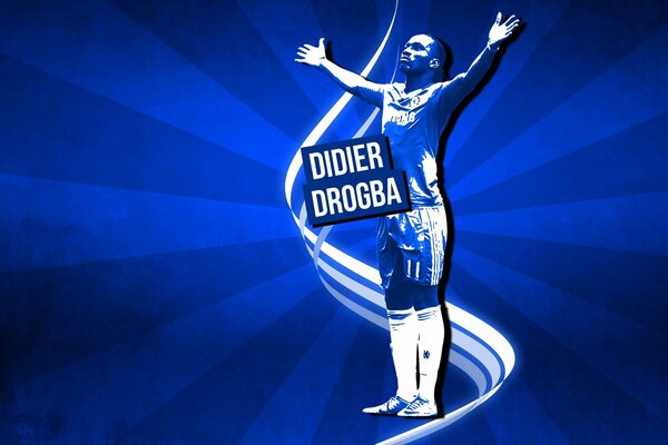 Didier Drogba sobre un fondo azul con los brazos abiertos