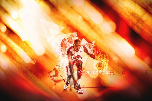 Basketball player with a burning ball in the glare