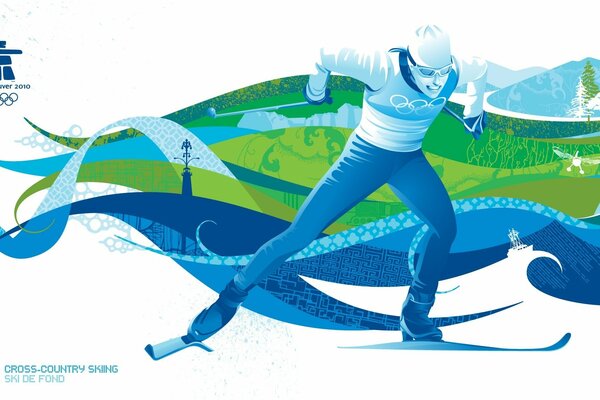 Blau-grüne Zeichnung eines Skifahrers als Symbol für die olympischen Spiele