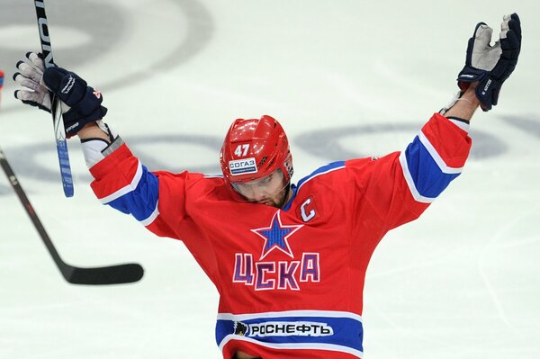 Our hockey player greets fans and waves a stick