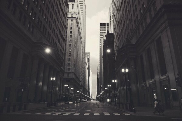 City street stretching into the distance black and white photo