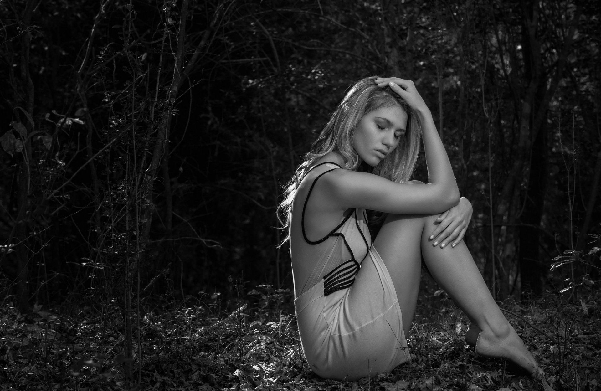 girl mood sadness pose black and white forest feet