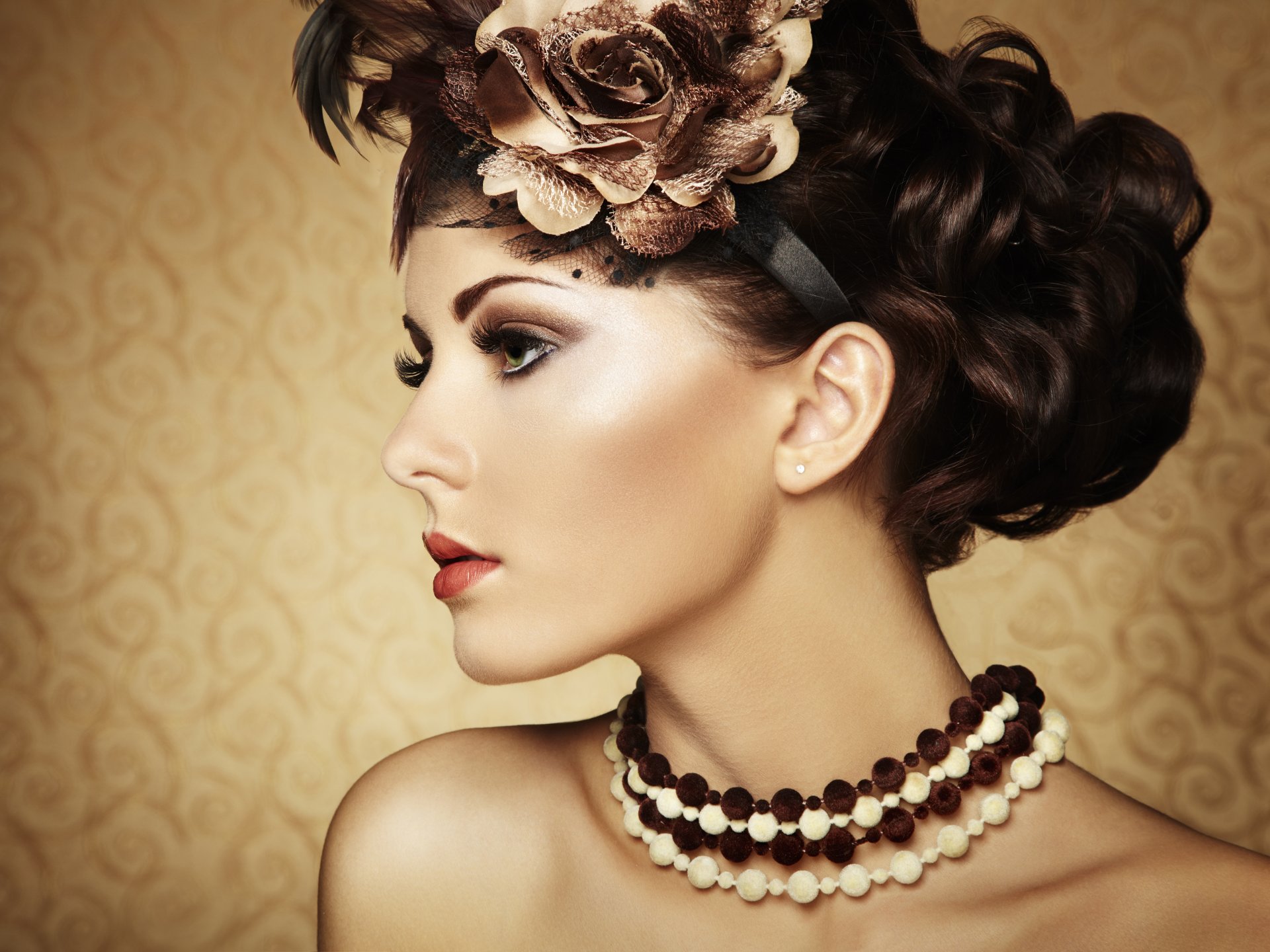 girl make-up section hair curls decoration neck beads background