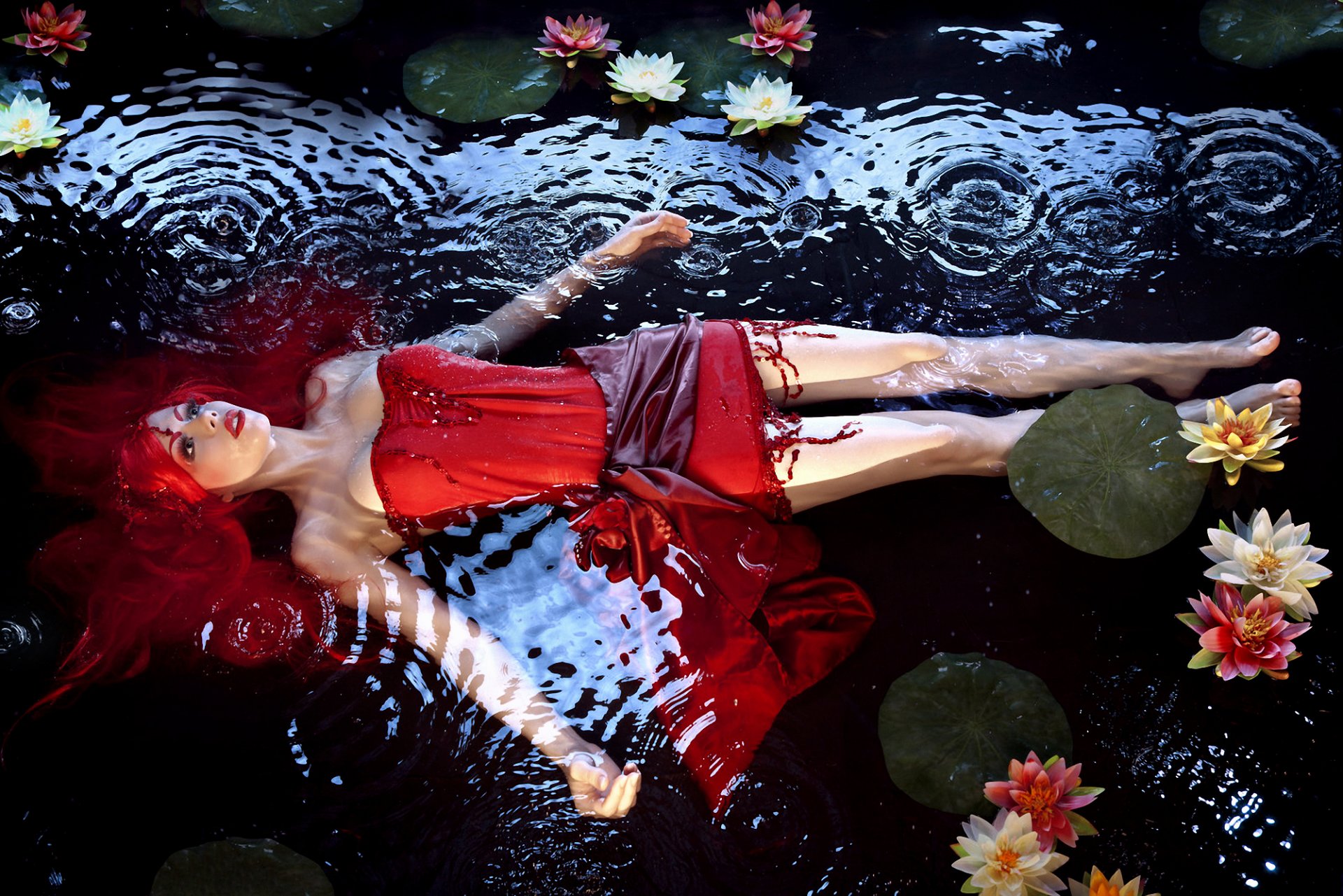 tefan grosjean water girl dress is red water lilies hair beautiful background