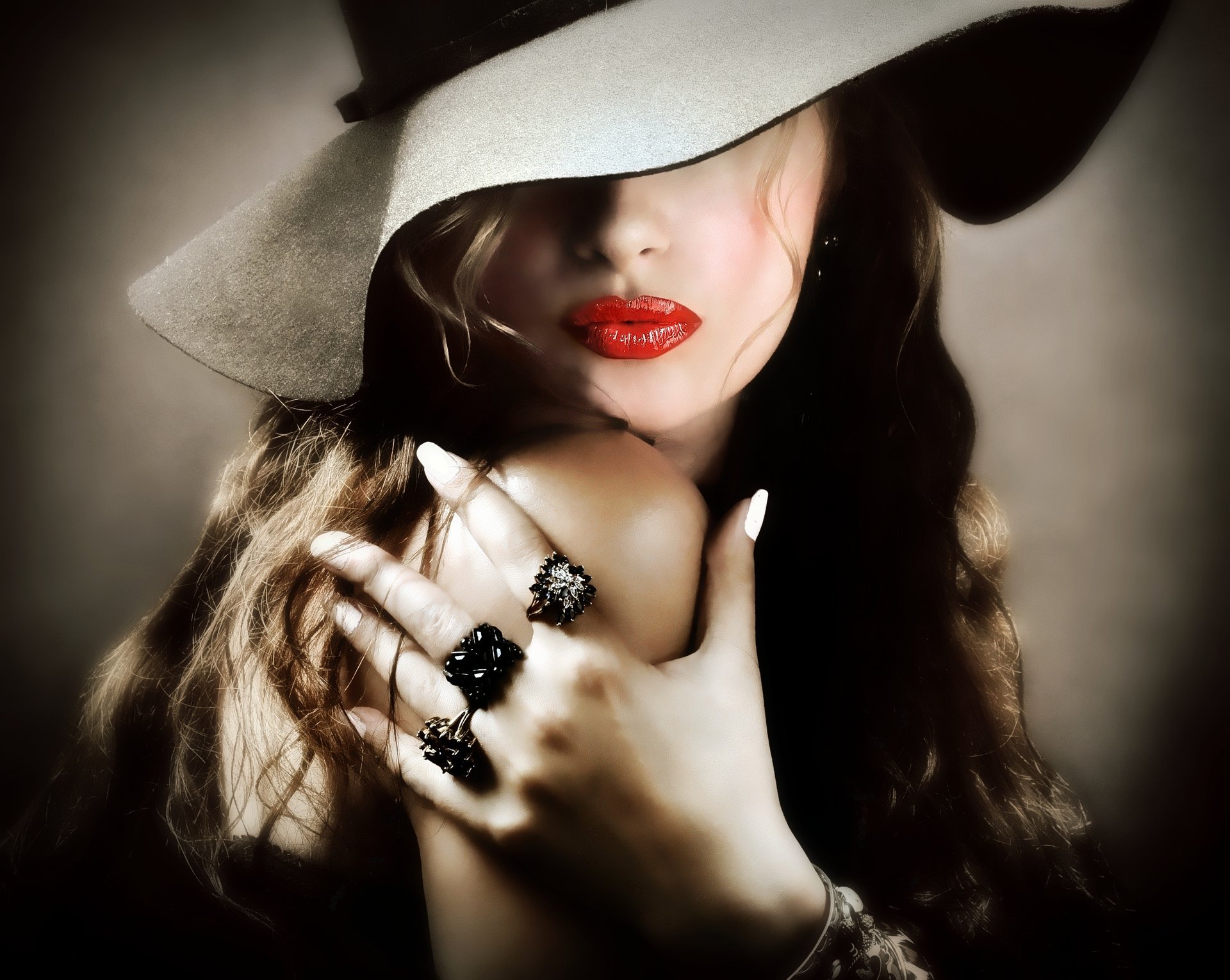 girl lipstick red lips hat hand ring