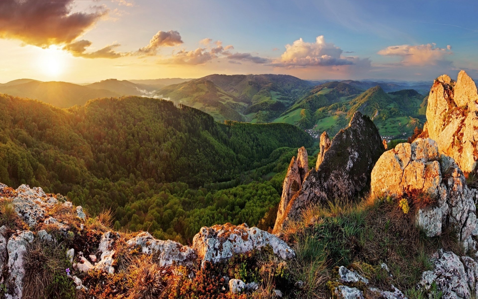 forest mountains sunset the sky