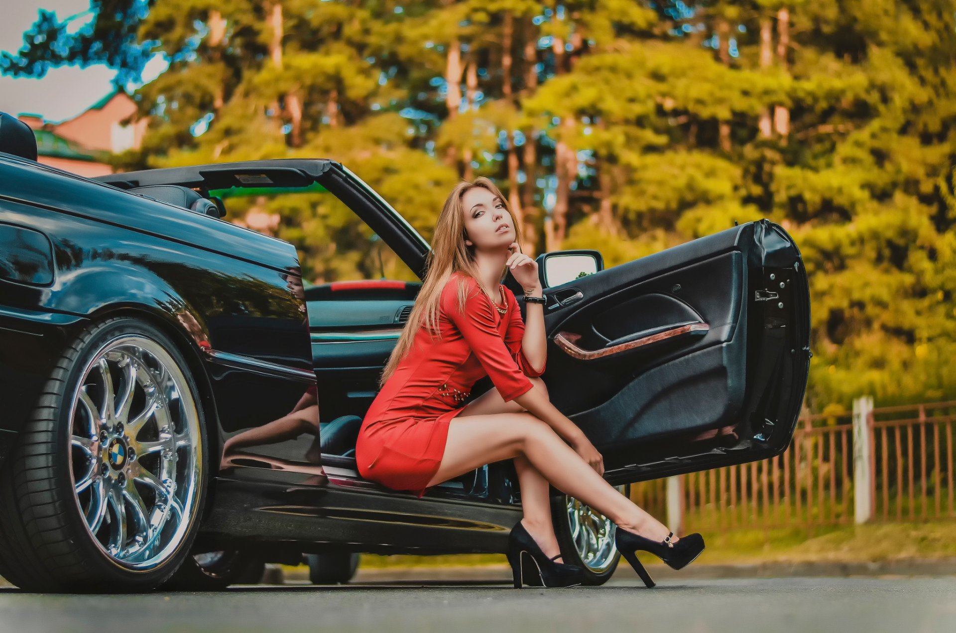 in red dress feet car machine