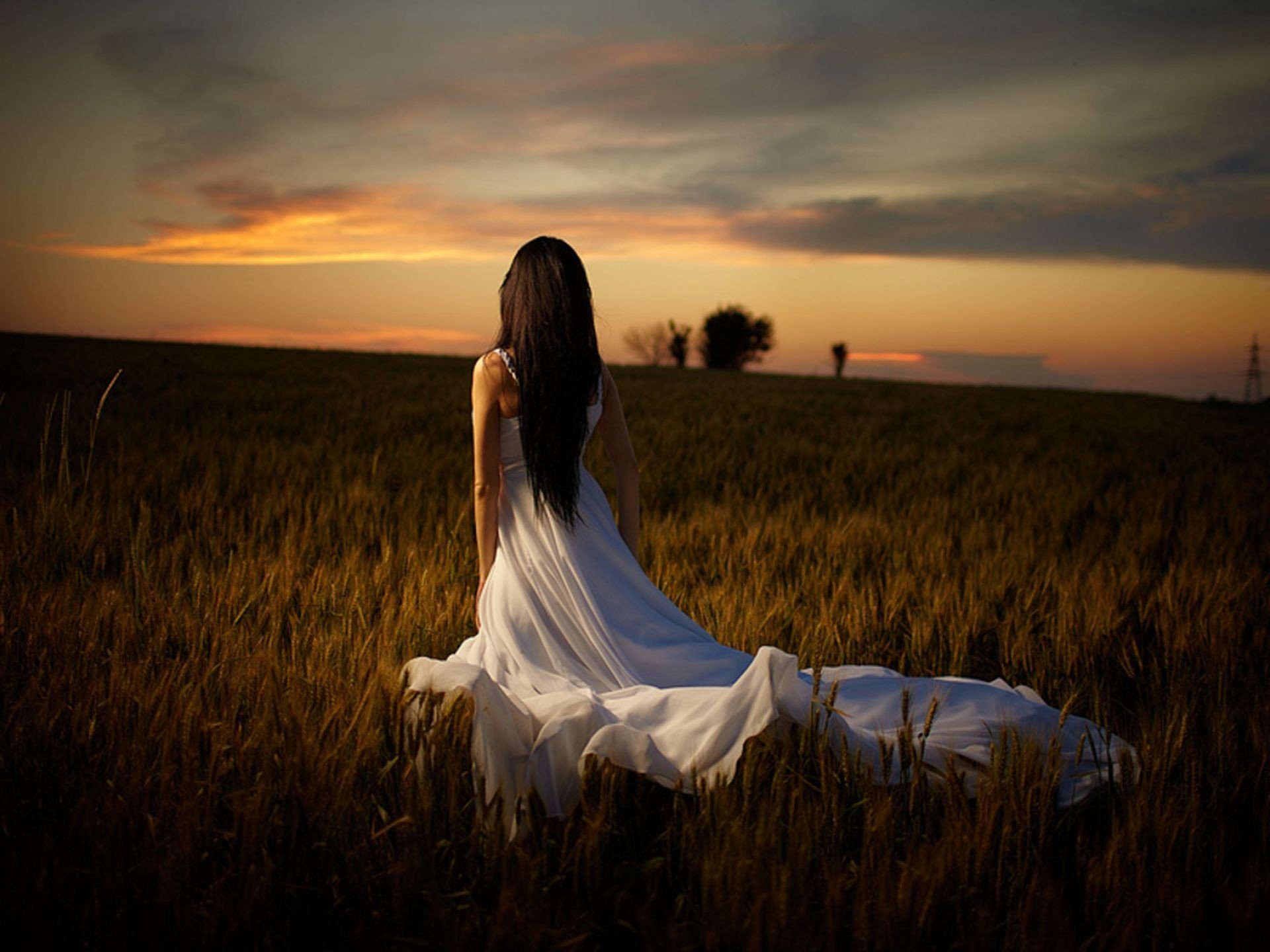 mädchen kleid lange haare schön modell rückansicht haar figur gras natur bäume himmel abend im freien haar figur