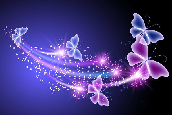 Farfalle al neon blu e viola che volano attraverso lo spazio